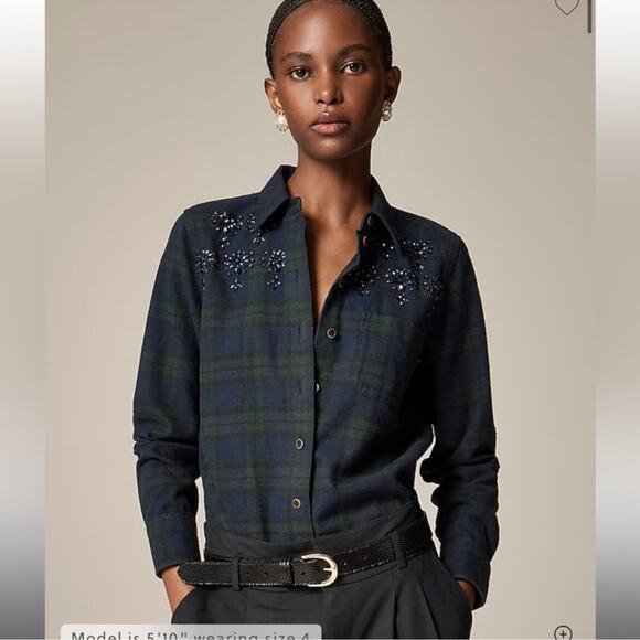 J.Crew Embellished shrunken button-up shirt in tartan brushed cotton oxford - Picture 1 of 5